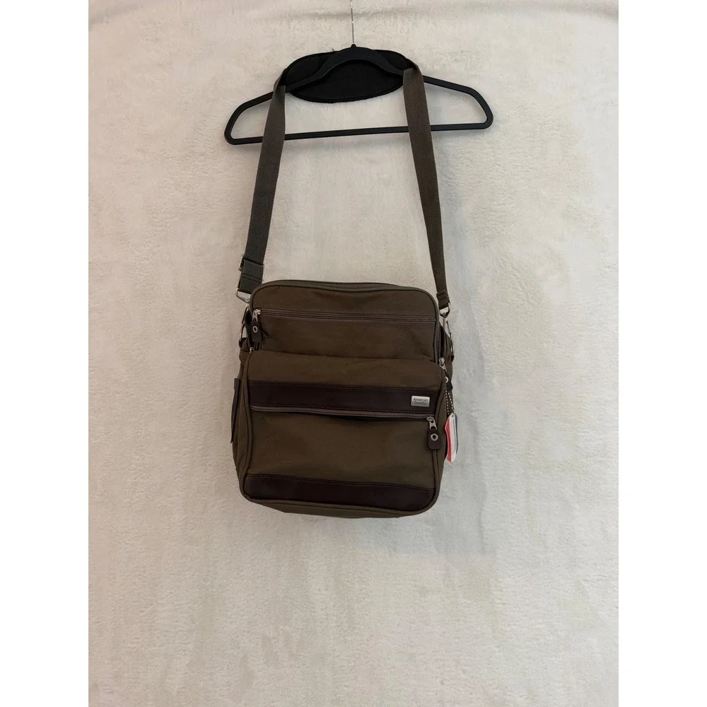 American Tourister Messenger Bag‎ Olive Canvas Crossbody Travel Bag Brown Trim